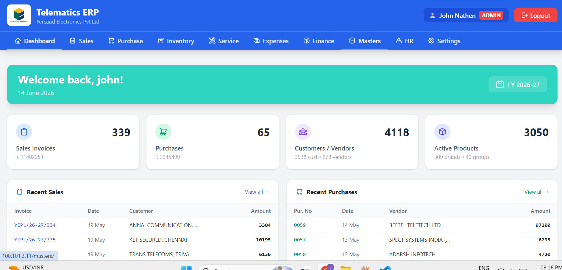 AuraPrime ERP dashboard showing sales invoice, purchase, customer and stock totals for the financial year