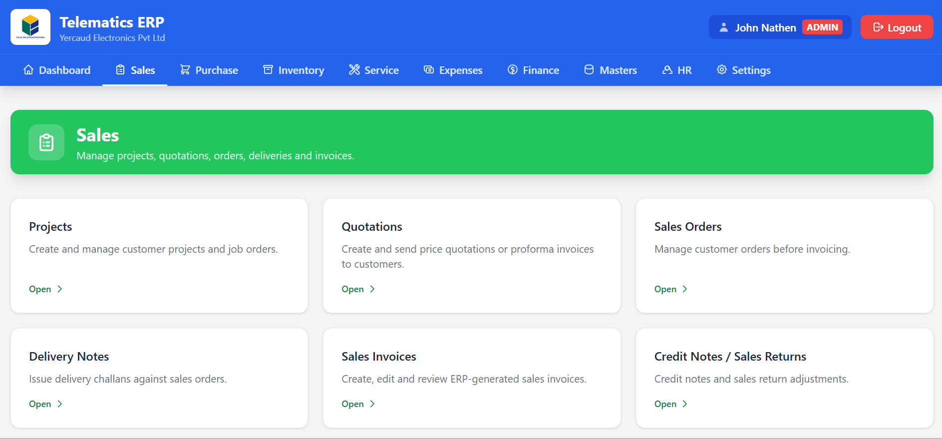 AuraPrime ERP sales module with projects, quotations, sales orders, delivery notes and invoices
