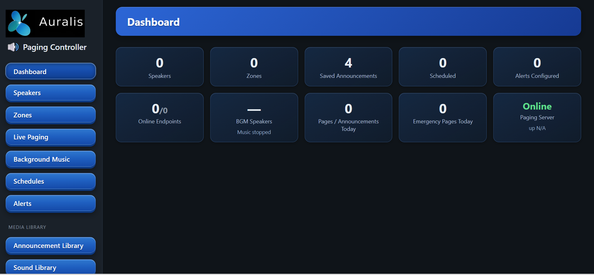 Auralis Paging Controller dashboard showing speaker, zone and announcement counts and paging server status