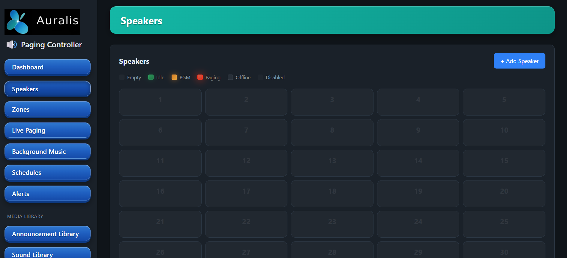 Auralis Paging Controller speaker grid showing idle, background-music, paging and offline endpoint states