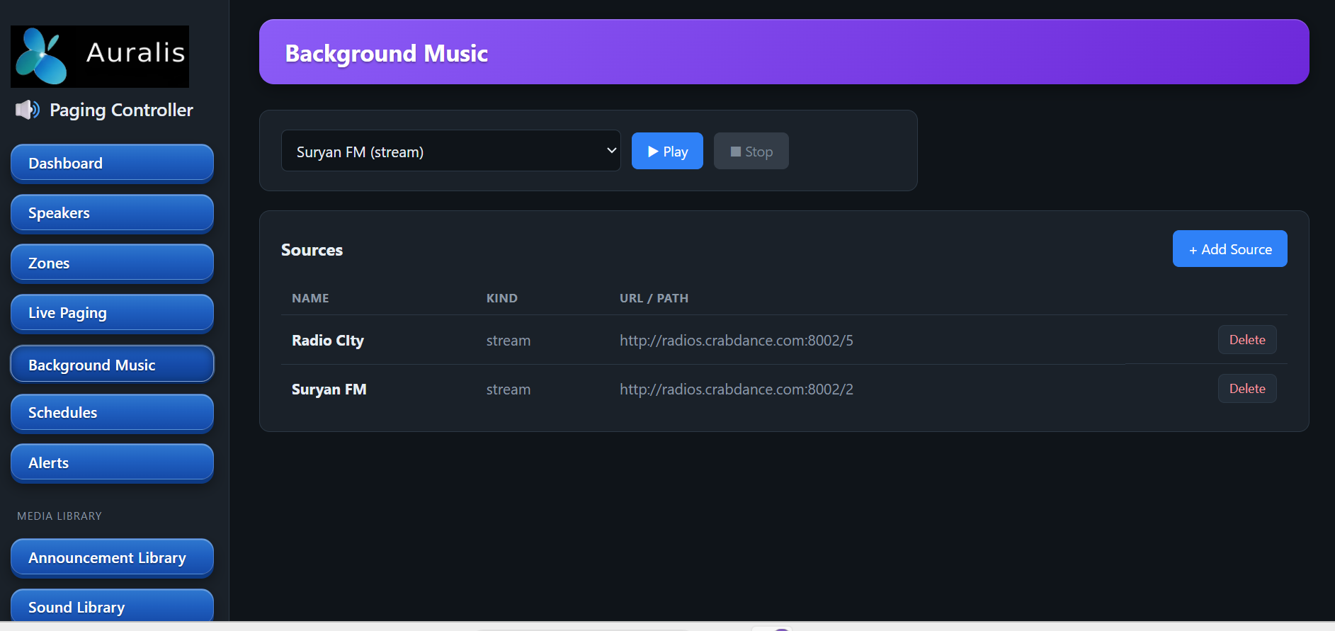 Auralis Paging Controller background-music screen with configured audio stream sources